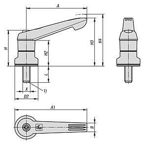 Clamping levers, plastic with external thread and clamping force intensifier, threaded insert stainless steel