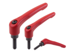 Manettes indexables en acier, avec filetage, rouge rubis, insert fileté en acier bruni Manettes indexables en acier, avec filetage, rouge rubis, insert fileté en acier bruni