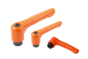 Adjustable handles, die-cast zinc, flat with internal thread, pure orange satin finish, threaded insert black oxidised steel Adjustable handles, die-cast zinc, flat with internal thread, pure orange satin finish, threaded insert black oxidised steel