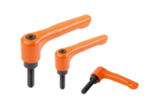 Adjustable handles, die-cast zinc, flat with external thread, pure orange satin finish, threaded insert black oxidized steel Adjustable handles, die-cast zinc, flat with external thread, pure orange satin finish, threaded insert black oxidized steel
