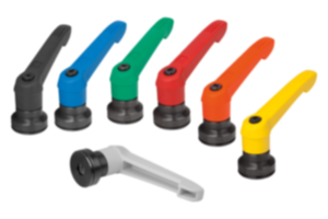 Adjustable handles, plastic with internal thread and clamping force intensifier, threaded insert black oxidized steel Adjustable handles, plastic with internal thread and clamping force intensifier, threaded insert black oxidized steel