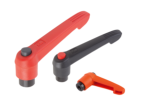 Adjustable handles, plastic with internal thread and push button, threaded insert black oxidized steel Adjustable handles, plastic with internal thread and push button, threaded insert black oxidized steel