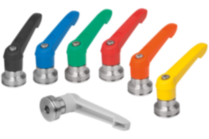 Adjustable handles, plastic with internal thread and clamping force intensifier, threaded insert stainless steel Adjustable handles, plastic with internal thread and clamping force intensifier, threaded insert stainless steel