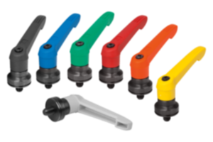 Adjustable handles, plastic with external thread and clamping force intensifier, threaded insert black oxidized steel Adjustable handles, plastic with external thread and clamping force intensifier, threaded insert black oxidized steel