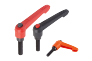Adjustable handles, plastic with external thread and push button, threaded insert black oxidized steel Adjustable handles, plastic with external thread and push button, threaded insert black oxidized steel