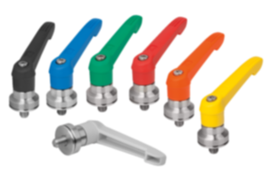 Adjustable handles, plastic with external thread and clamping force intensifier, threaded insert stainless steel Adjustable handles, plastic with external thread and clamping force intensifier, threaded insert stainless steel