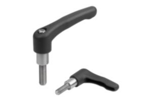 Adjustable handles, plastic with external thread and long collar, threaded pin stainless steel Adjustable handles, plastic with external thread and long collar, threaded pin stainless steel