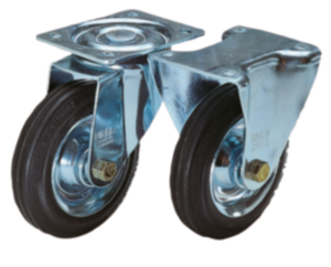 Sheet steel swivel and fixed castors with solid rubber tyres, standard version  Sheet steel swivel and fixed castors with solid rubber tyres, standard version