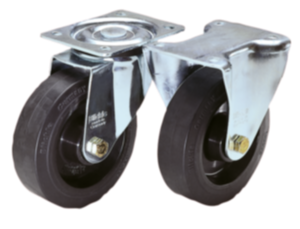 Sheet steel swivel and fixed castors with vulcanised-on elastic solid rubber tyres, standard version Sheet steel swivel and fixed castors with vulcanised-on elastic solid rubber tyres, standard version