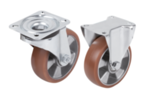 Steel plate swivel and fixed castors with polyurethane elastomer tread, heavy duty version Steel plate swivel and fixed castors with polyurethane elastomer tread, heavy duty version