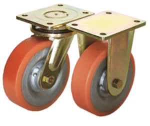 Welded steel swivel and fixed castors with Extrathane® tread, heavy-duty version Welded steel swivel and fixed castors with Extrathane® tread, heavy-duty version