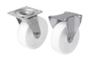 Swivel and fixed castors, stainless steel with polyamide wheels, standard version Swivel and fixed castors, stainless steel with polyamide wheels, standard version