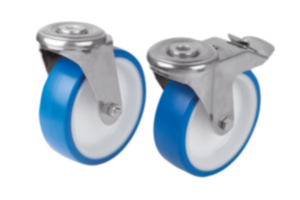 Swivel castors, stainless steel, with bolt hole and polyurethane tread, for sterile areas Swivel castors, stainless steel, with bolt hole and polyurethane tread, for sterile areas
