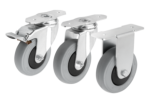 Swivel and fixed equipment castors, steel with elastic solid rubber tread, for aluminum profiles Swivel and fixed equipment castors, steel with elastic solid rubber tread, for aluminum profiles