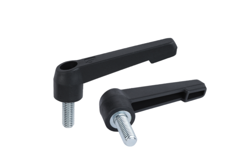 Adjustable handles, plastic, non-adjustable with external thread, threaded  pin blue passivated steel