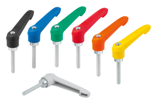 Clamping levers, plastic, with external thread, threaded insert blue passivated steel