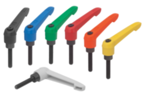 Clamping levers, plastic with external thread, threaded insert black oxidised steel, metric