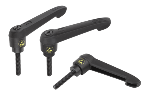 Adjustable handles, plastic, antistatic with external thread, threaded insert black oxidized steel