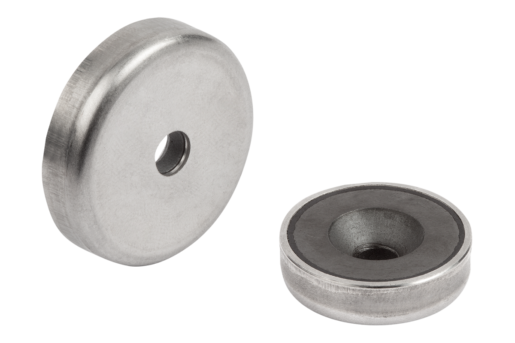 Magnets shallow pot with countersink, hard ferrite with stainless-steel housing