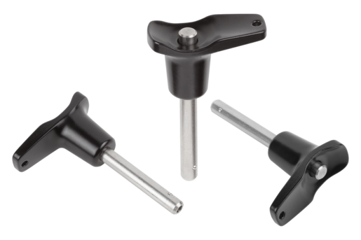 Ball lock pins with L-grip, self-locking