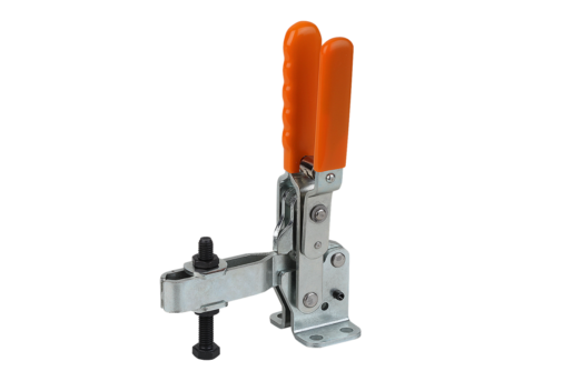 Toggle clamps vertical with safety interlock with flat foot and adjustable clamping spindle