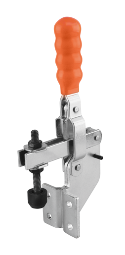 Toggle clamps vertical with angled foot and adjustable clamping spindle