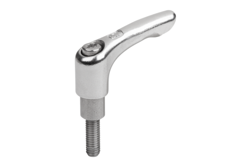 Clamping lever, stainless steel with extended collar with male thread, steel parts stainless steel
