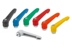 Manette indexable en plastique taraudée, pièces en acier zingué passivé bleu