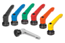 Clamping levers, plastic with internal thread and clamping force intensifier, threaded insert black oxidised steel