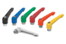 Manettes indexables, forme design moderne, plastique, inserts et composants internes en acier inoxydable, taraudage