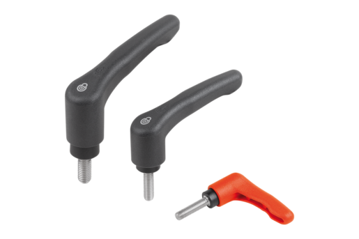 Clamping levers, plastic with male thread and safety function, thread insert stainless steel