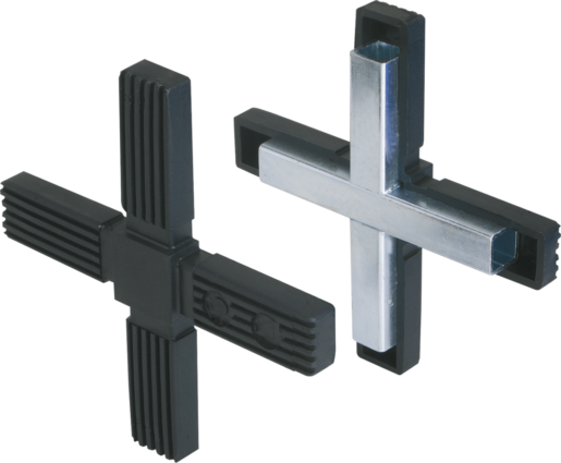 Raccord plastique en croix pour assemblage de tubes carrés aciers