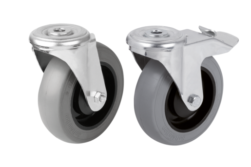 Steel plate swivel castors with soft rubber tyres and bolt hole