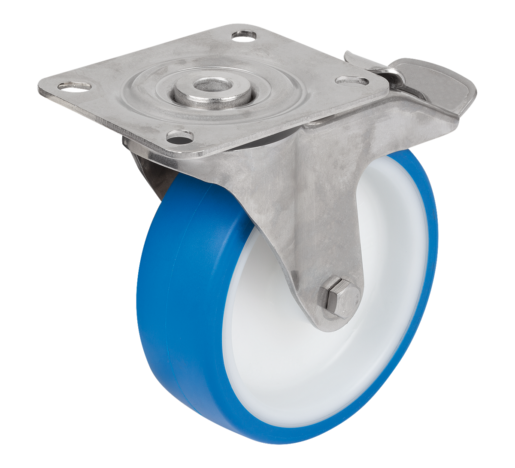 Swivel castors with stop fix, stainless steel, for sterile areas