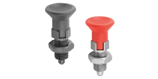 Indexing plungers, steel or stainless steel with plastic mushroom grip, locking slot and locknut - inch