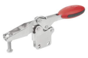 Horizontal Toggle Clamps with straight foot and adjustable clamping spindle, stainless steel