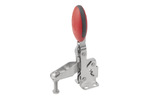 Vertical Toggle Clamps with flat foot and adjustable clamping spindle, stainless steel