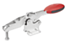 Horizontal Toggle Clamps with flat foot and adjustable clamping spindle, stainless steel