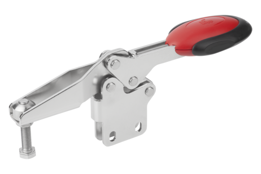 Horizontal Toggle Clamps with Safety Interlock with straight foot and adjustable clamping spindle, stainless steel