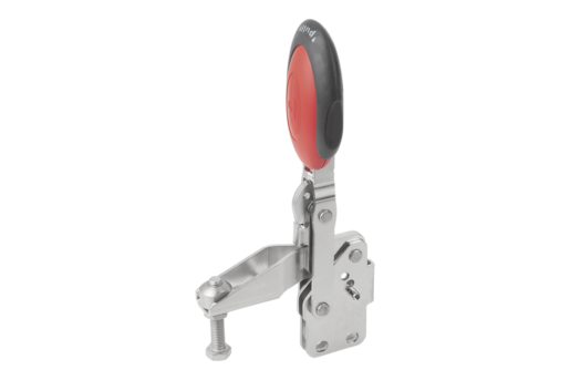 Vertical Toggle Clamps with Safety Interlock with straight foot and adjustable clamping spindle, stainless steel