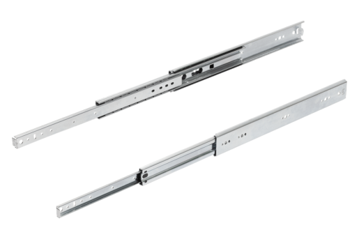 Telescopic slides, steel
for side mounting, over-extension, load capacity up to 90 kg