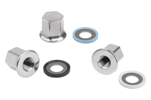 Stainless steel cap nuts with collar and seal and shim washer for Hygienic USIT® set