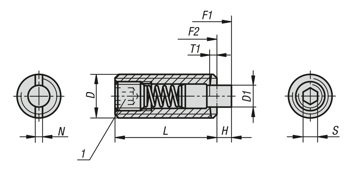 Spring plungers with hexagon socket and flattened POM thrust pin, steel