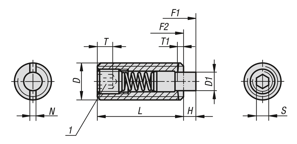 Spring plungers with hexagon socket and flattened thrust pin, stainless steel