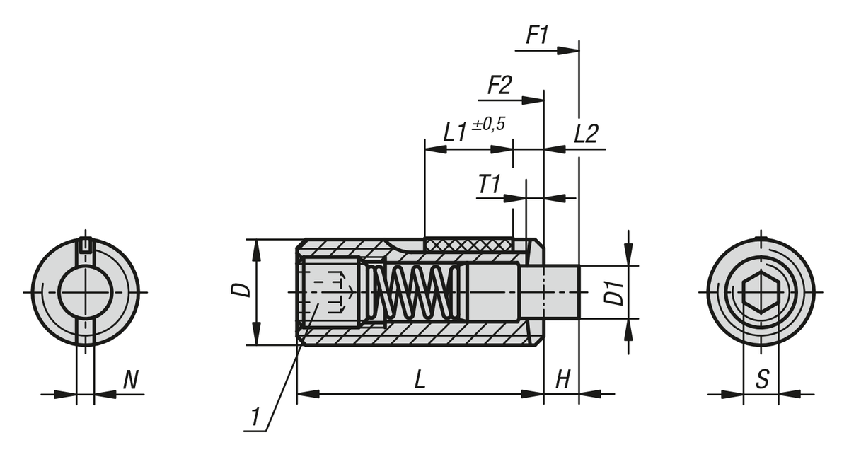 Spring plungers with hex socket and flat thrust pin, stainless steel, with thread lock