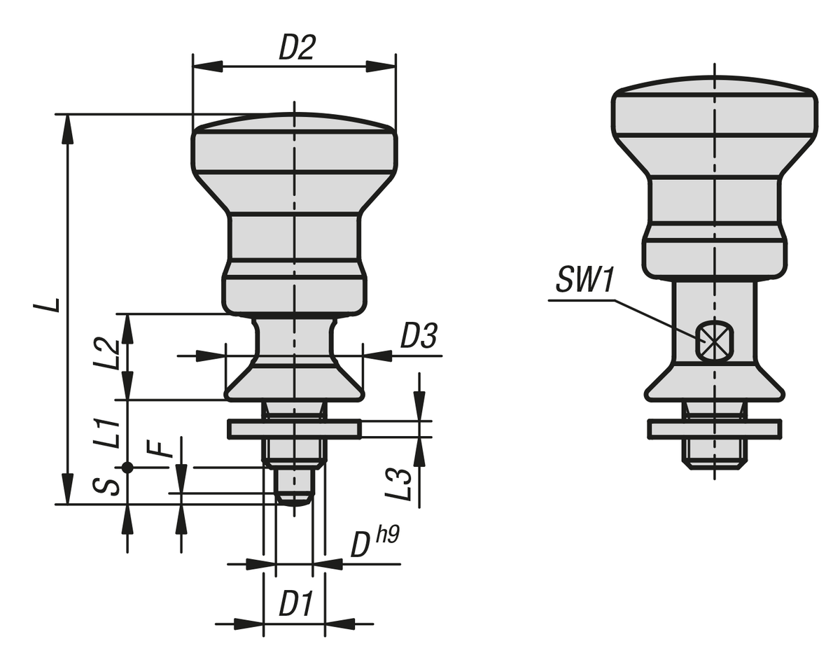 Indexing plungers with collar for Hygienic USIT® seal and shim washers, style A, without locking slot