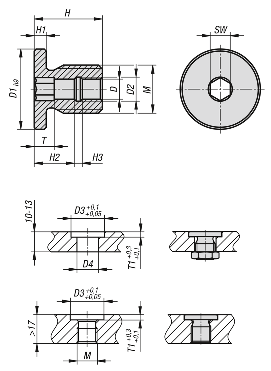 Locating bushes with collar, stainless steel, for ball lock pins