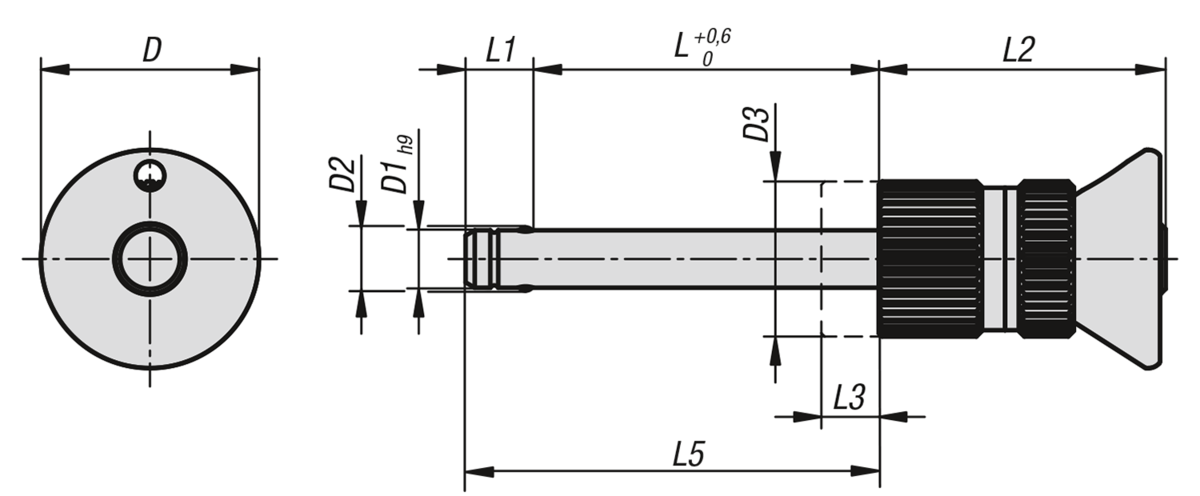 Ball lock pins with mushroom grip, stainless steel, with high shear strength, adjustable