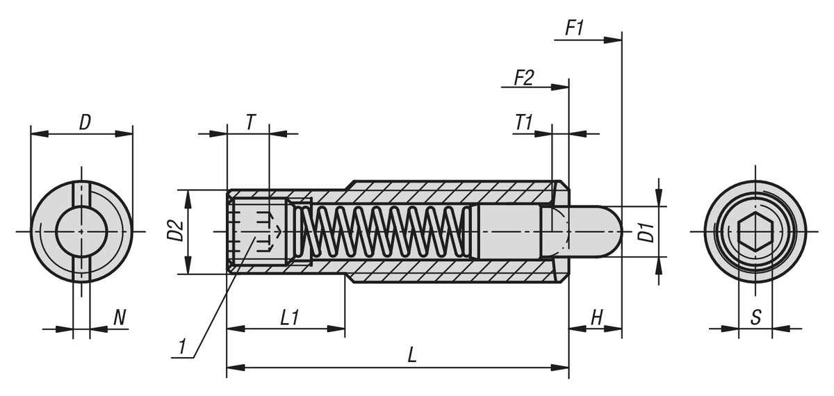 Spring plungers with hexagon socket and thrust pin, long version