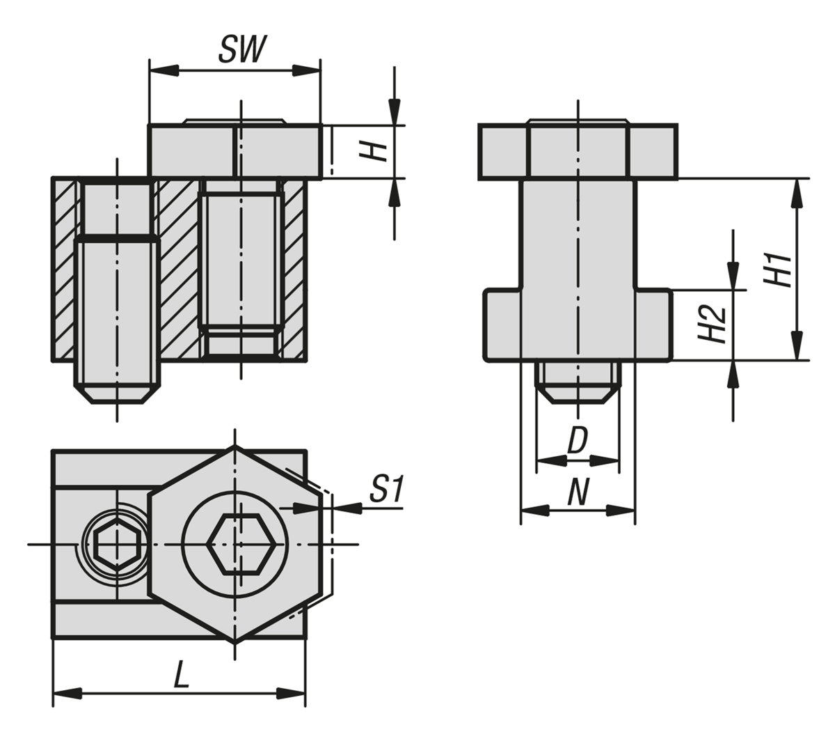 Cam screws with hexagon washer, for T-slots